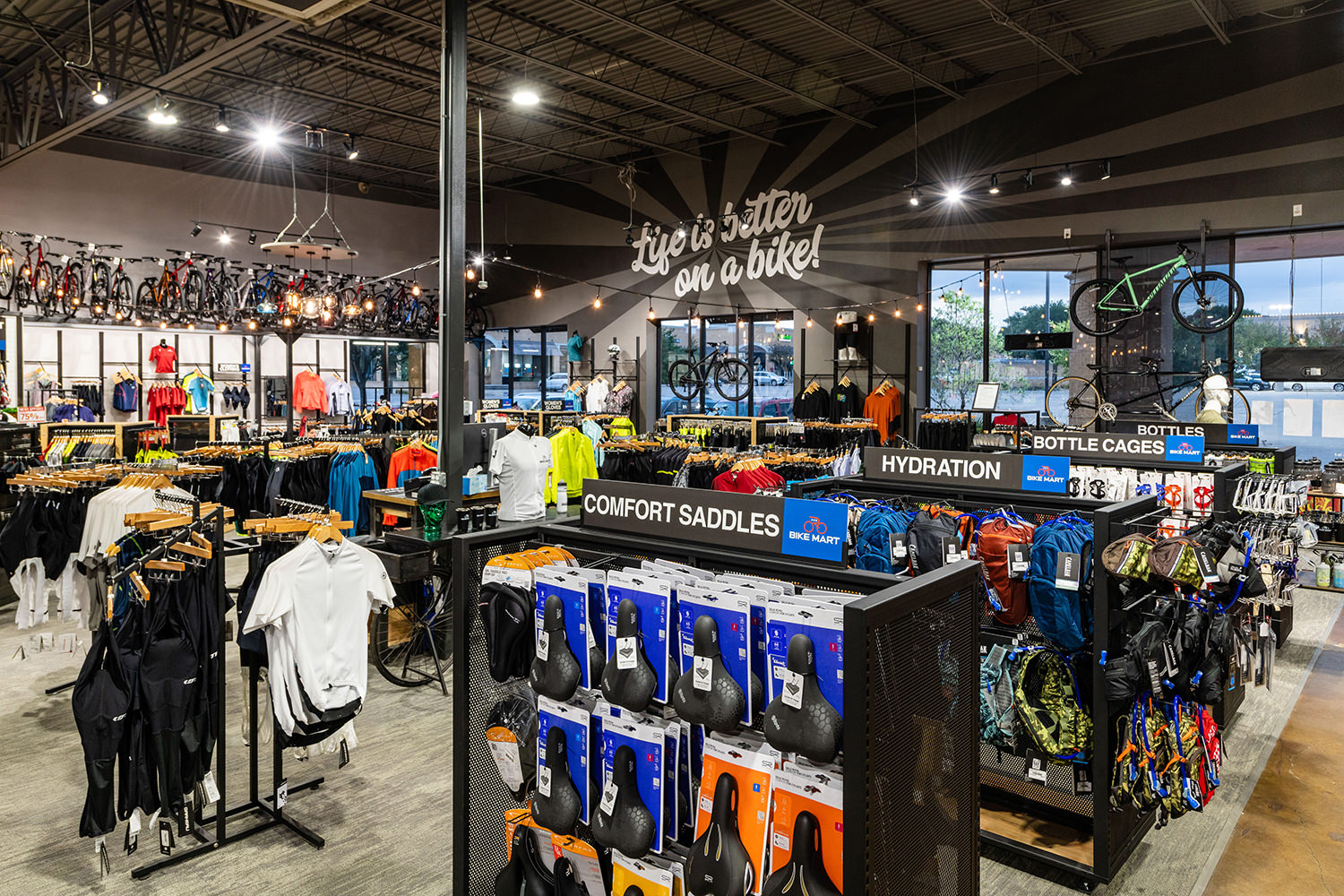 Products on display in a large cycling store.