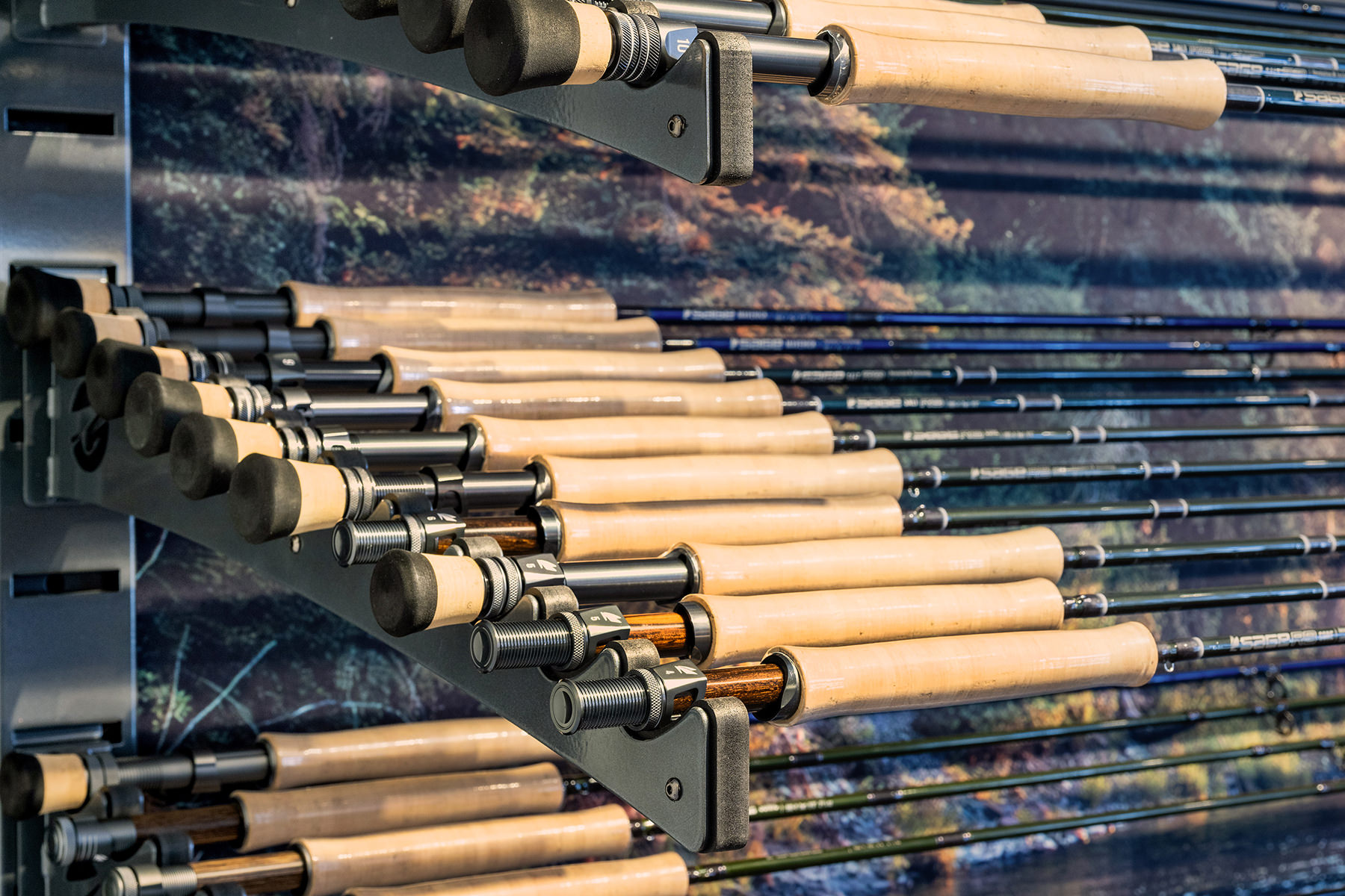 Fly rods ons display in a shop.