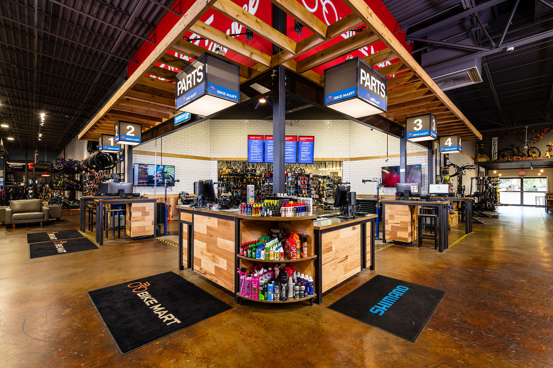 A bike store cashier station expertly designed.