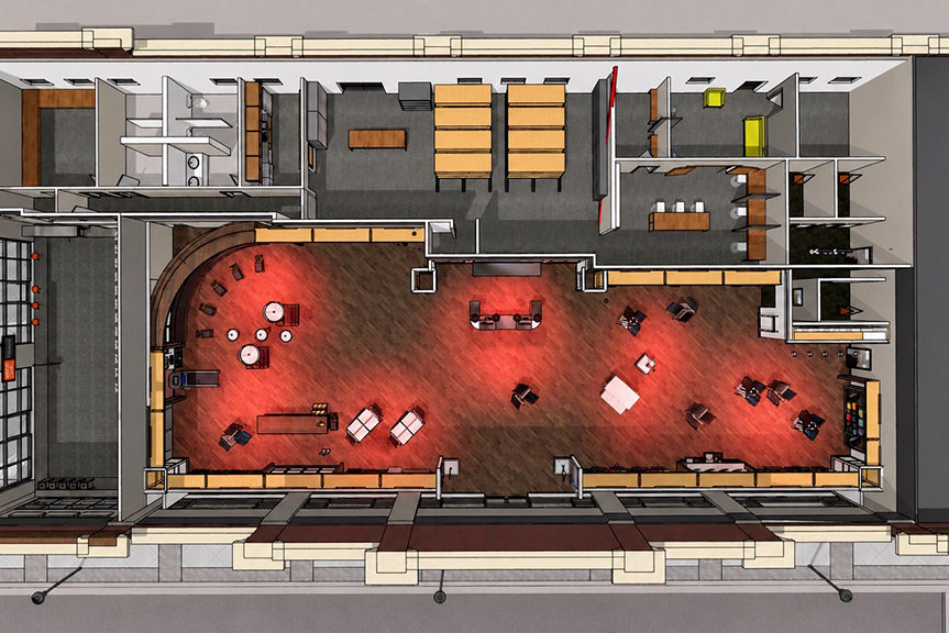 An architectural rendering of a store space which highlights where high traffic areas are.
